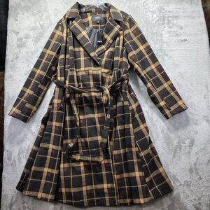 Torrid Tie Front Coat Womens 3X 22-24 Brown Black Plaid Belted Long Lined Comet